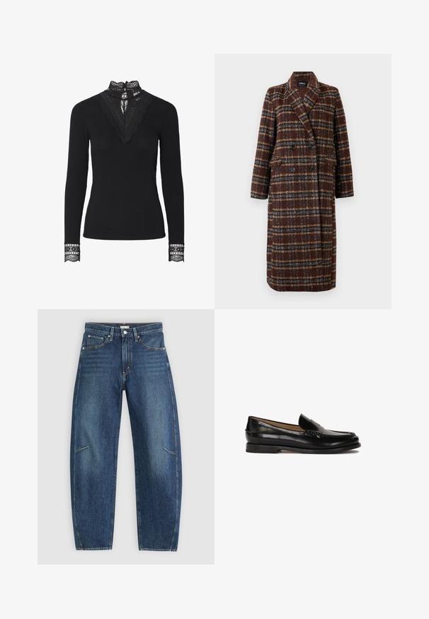 Hosszú, dupla soros barna kockás kabát, kapucnis gallérral, fekete gombokkal és hajtókás zsebekkel, fehér háttér előtt bemutatva.; Fekete bordázott felső hosszú ujjal és magas csipkakollárral. Figyelemre méltó csipke díszítések a nyaklánál és az ujjaknál textúrát és részletességet adnak.; Sötétkék farmernadrág egyenes lábbal, elülső zsebekkel, kontrasztöltéssel és enyhén kopott textúrával a lábakon.; Fekete bőr mokaszin lekerekített orral, slip-on kialakítással és finom varrás részletekkel a felsőrészen. Lapos gumitalp.