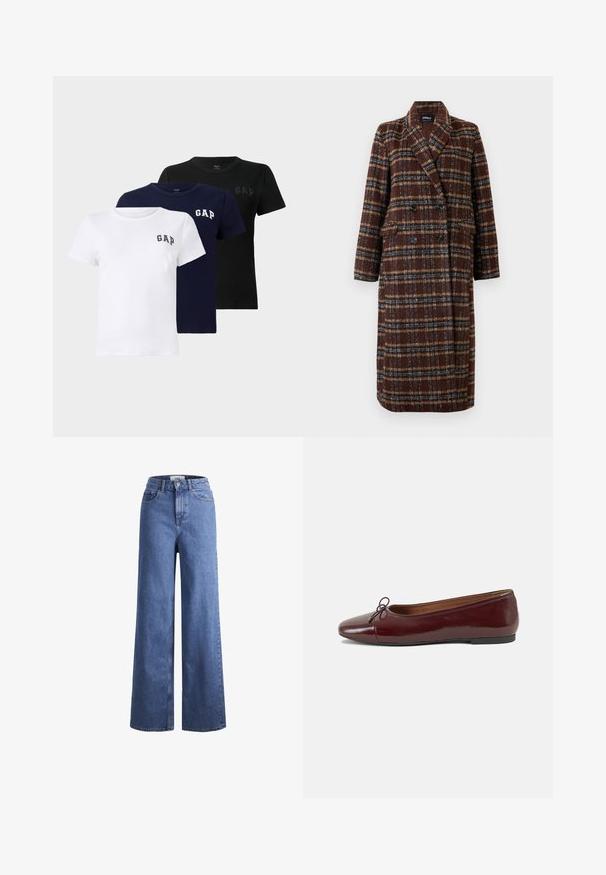 Abrigo de cuadro marrón de doble botonadura largo con cuello de solapa, botones negros y bolsillos con solapa, exhibido contra un fondo blanco.; Conjunto de tres camisetas de manga corta en blanco, azul marino y negro. Cada una tiene un pequeño logo de "GAP" en el lado izquierdo del pecho, fabricadas en suave algodón.; Jeans de mezclilla de tiro alto, de pierna ancha, en azul claro, con dos bolsillos delanteros y costuras visibles. Cuentan con un cierre de botón y cremallera.; Bailarina de charol burdeos con punta redonda, pequeño lazo en la parte frontal y una suela baja de goma negra. Textura suave.