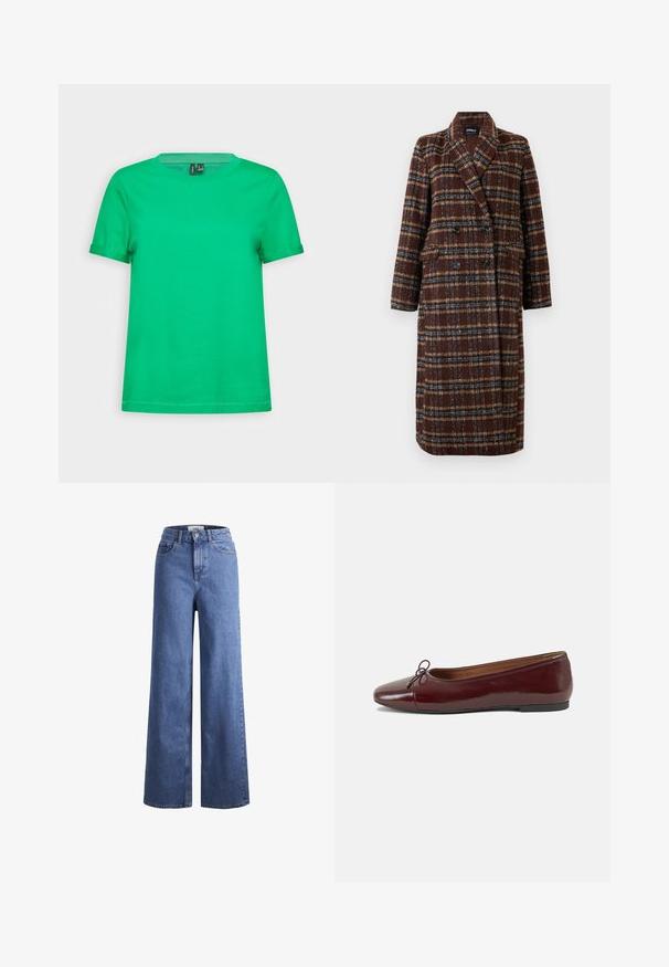 Long double-breasted brown plaid coat with lapel collar, black buttons, and flap pockets, displayed against a white background.; Green cotton T-shirt with a crew neckline and short sleeves. Smooth texture, solid color, and a straight hemline. No patterns or hardware.; Light blue denim wide-leg jeans with a high waist, two front pockets, and visible stitching. Features a button and zipper closure.; Burgundy patent leather ballet flat with a rounded toe, small bow accent at the front, and a low, black rubber sole. Smooth texture.