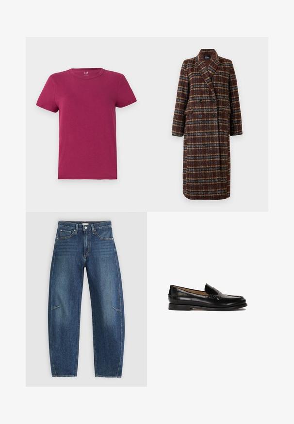 Dolg plašč z dvojnim zapenjanjem v rjavem karirastem vzorcu z rever ovratnikom, črnimi gumbi in žepi s poklopcem, prikazan na belem ozadju.; Majica s kratkimi rokavi v temno magentni barvi, iz bombažnega materiala, krojena ovratnik, redna prileganje, s čistim, minimalnim dizajnom brez vidnih vzorcev ali akcentov.; Temno modri traper hlače s ravno obliko, ki vključujejo sprednje žepe, kontrastne šive in subtilno zbledelo teksturo na nogah.; Črne usnjene loafers cipele z zaobljenim nosom, enostavno obuvanje in subtilne šive ob zgornjem delu. Ravna gumijasta podplata.