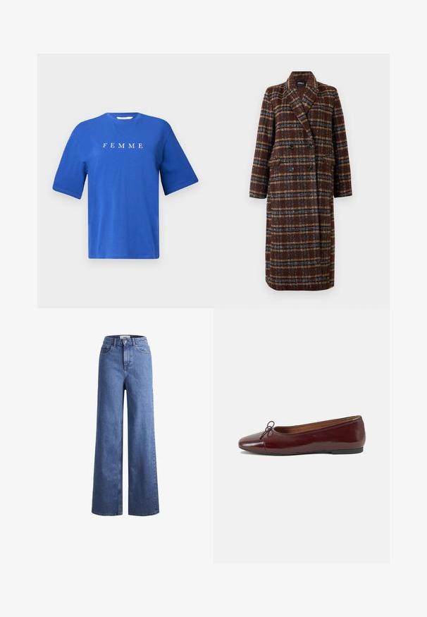Cappotto lungo doppiopetto a quadri marrone con colletto a bavero, bottoni neri e tasche a soffietto, esposto su uno sfondo bianco.; T-shirt in cotone blu con collo rotondo, maniche corte e la parola "FEMME" stampata in bianco sul petto. Texture liscia, vestibilità rilassata.; Jeans ampia in denim azzurro chiaro con vita alta, due tasche anteriori e cuciture in vista. Presentano una chiusura con bottone e zip.; Ballerine in pelle verniciata bordeaux con punta arrotondata, piccolo fiocco decorativo sulla parte anteriore e suola bassa in gomma nera. Texture liscia.