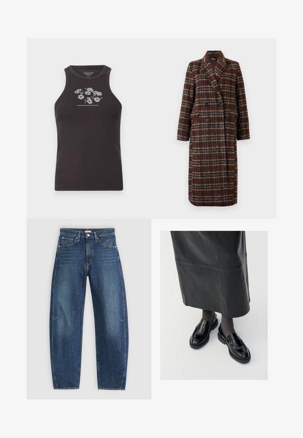 Hosszú, dupla soros barna kockás kabát, kapucnis gallérral, fekete gombokkal és hajtókás zsebekkel, fehér háttér előtt bemutatva.; Sötét szürke ujjatlan trikó bordázott anyagból, fehér virágmintával és a "jó dolgokhoz idő kell" felirattal középen alatta.; Sötétkék farmernadrág egyenes lábbal, elülső zsebekkel, kontrasztöltéssel és enyhén kopott textúrával a lábakon.; Fekete bőr loafer cipők sima felülettel, díszítő pánttal, kerek orral és texturált talppal. Hosszú fekete bőr szoknyával viselve.