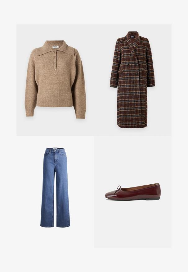 Ilgas dvigubas rudas langeliais paltas su apykakle, juodais mygtukais ir kišenėmis su atvartais, eksponuojamas ant balto fono.; Ruda megztinis su apykakle, raukšlėtais rankogaliais ir apačia. Su mygtukų užsegimu priekyje ir minkšta tekstūra.; Šviesiai mėlynos džinsinės kelnės plačiu sijonu ir aukštu liemeniu, su dviem priekinių kišenių ir matomu siuvimu. Su mygtuko ir užtrauktuko uždarymu.; Bordo lakiotos odos baleto bateliai su apvalia nosimi, maža kaspinėlio akcentu priekyje ir žema juoda guma padanga. Lygi tekstūra.