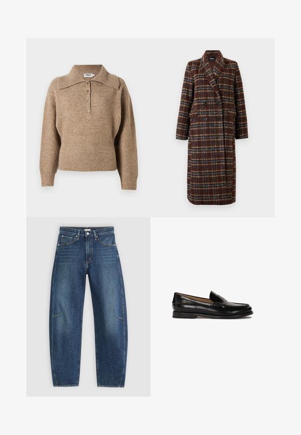 Dolg plašč z dvojnim zapenjanjem v rjavem karirastem vzorcu z rever ovratnikom, črnimi gumbi in žepi s poklopcem, prikazan na belem ozadju.; Rjav pulover z ovratnikom, rebrastimi manšetami in robom. Ima gumb zapiranje spredaj in mehak tekstil.; Temno modri traper hlače s ravno obliko, ki vključujejo sprednje žepe, kontrastne šive in subtilno zbledelo teksturo na nogah.; Črne usnjene loafers cipele z zaobljenim nosom, enostavno obuvanje in subtilne šive ob zgornjem delu. Ravna gumijasta podplata.