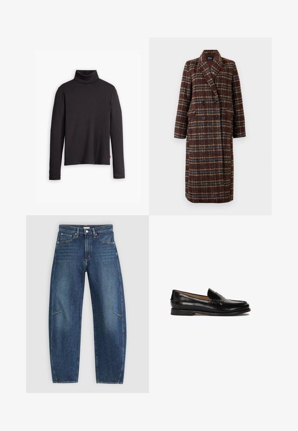 Lång dubbelknäppt brun rutig kappa med slagkrage, svarta knappar och ficklock, uppställd mot en vit bakgrund.; Svart ribbad turtleneck-tröja med långa ärmar och en figurnära design. Mjuk textur, subtil stretch och en etikett på den nedre sidan.; Mörkblå denimjeans med rak ben-design, som har framfickor, kontrasterande sömmar och en subtil blekt textur på benen.; Svart läderloafer med rundad tå, slip-on-design och subtila sömnadsdetaljer längs ovandelen. Platt gummisula.