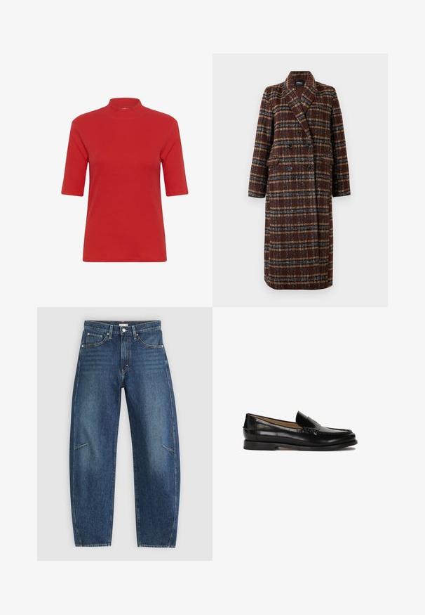 Long double-breasted brown plaid coat with lapel collar, black buttons, and flap pockets, displayed against a white background.; Red ribbed knit t-shirt featuring a high mock neck and short sleeves, with a fitted shape and smooth texture.; Dark blue denim jeans with a straight-leg design, featuring front pockets, contrast stitching, and a subtle faded texture on the legs.; Black leather loafer with a rounded toe, slip-on design, and subtle stitching details along the upper. Flat rubber sole.