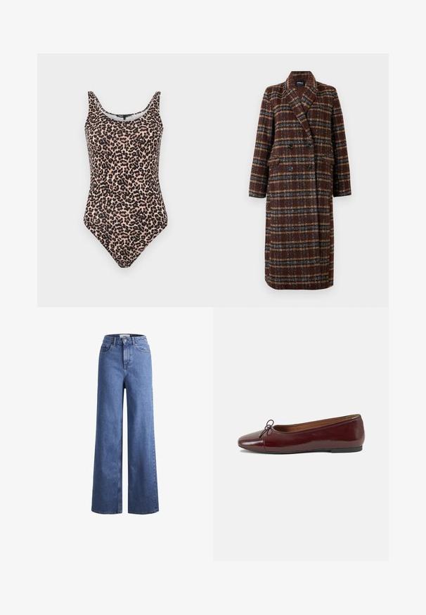 Long double-breasted brown plaid coat with lapel collar, black buttons, and flap pockets, displayed against a white background.; Leopard-print one-piece swimsuit in shades of beige and black. Features a scoop neck, tank straps, and a high-cut leg design. Smooth fabric texture.; Light blue denim wide-leg jeans with a high waist, two front pockets, and visible stitching. Features a button and zipper closure.; Burgundy patent leather ballet flat with a rounded toe, small bow accent at the front, and a low, black rubber sole. Smooth texture.