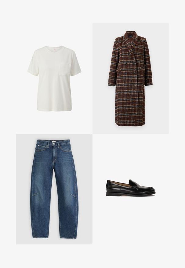 Langer brauner Karo-Doppelreiher-Mantel mit Reverskragen, schwarzen Knöpfen und Klappentaschen, vor einem weißen Hintergrund präsentiert.; Weißes Baumwoll-T-Shirt mit rundem Ausschnitt, kurzen Ärmeln und einer einzigen Brusttasche, mit glatter Textur und schlichtem Design.; Dunkelblaue Jeans aus Denim mit geradem Bein, ausgestattet mit Vorderaschen, Kontrastnähten und einer dezenten, ausgewaschenen Textur an den Beinen.; Schwarzer Lederloafer mit runder Zehenpartie, schlupfendem Design und dezenten Nahtdetails entlang des Oberteils. Flache Gummisohle.