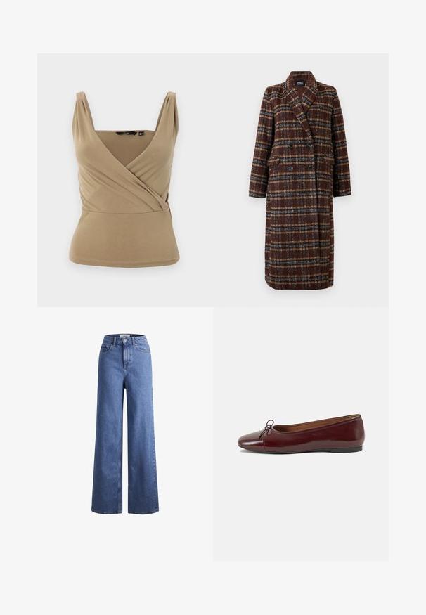 Hosszú, dupla soros barna kockás kabát, kapucnis gallérral, fekete gombokkal és hajtókás zsebekkel, fehér háttér előtt bemutatva.; Beige ujjatlan felső mély V-kivágással és átkötős dizájnnal. Simább anyagból készült, finom redőzéssel a vállaknál és testhezálló derékkal.; Világoskék, széles szárú farmernadrág magas derékkal, két elülső zsebbel és látható varrással. Gombos és cipzáros záródás.; Burgundi lakkbőr balettcipő kerek orral, elöl kis masni díszítéssel és alacsony, fekete gumi talppal. Simára csiszolt felület.