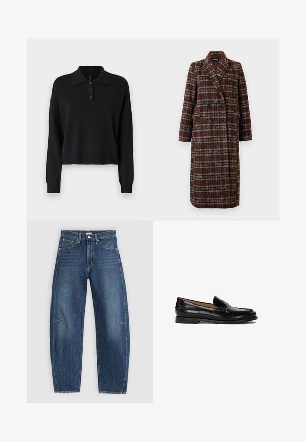 Long double-breasted brown plaid coat with lapel collar, black buttons, and flap pockets, displayed against a white background.; Black knitted polo sweater with long sleeves, a flat collar, and three-button placket. Features ribbed cuffs and hem.; Dark blue denim jeans with a straight-leg design, featuring front pockets, contrast stitching, and a subtle faded texture on the legs.; Black leather loafer with a rounded toe, slip-on design, and subtle stitching details along the upper. Flat rubber sole.