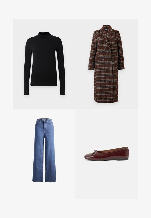 Duga dvoslojna smeđa kaput s kariranim uzorkom, s reverima, crnim gumbima i džepovima s preklopom, prikazana na bijeloj pozadini.; Crna majica s dugim rukavima i visokim ovratnikom, izrađena od gladkog materijala; prikladan dizajn bez vidljivih šavova. Jednostavne, jedne boje.; Svijetloplavi traper široki traperice s visokim strukom, dva prednja džepa i vidljivim šavovima. Imaju kopčanje na gumb i patentni zatvarač.; Burgundska lakirana balerinka s zaobljenim vrhom, malim mašnom sprijeda i niskom, crnom gumenom potplatu. Glatka tekstura.