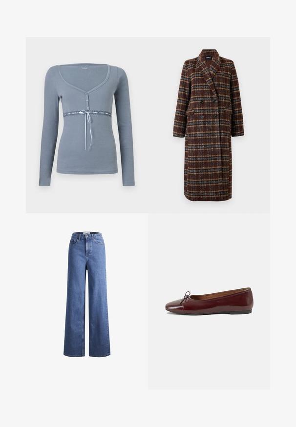 Hosszú, dupla soros barna kockás kabát, kapucnis gallérral, fekete gombokkal és hajtókás zsebekkel, fehér háttér előtt bemutatva.; Hosszú ujjú, világosszürke felső, lekerekített nyakkivágással, gombos elülső résszel és csipkebetéttel a deréknál, kék szalaggal kiemelve.; Világoskék, széles szárú farmernadrág magas derékkal, két elülső zsebbel és látható varrással. Gombos és cipzáros záródás.; Burgundi lakkbőr balettcipő kerek orral, elöl kis masni díszítéssel és alacsony, fekete gumi talppal. Simára csiszolt felület.