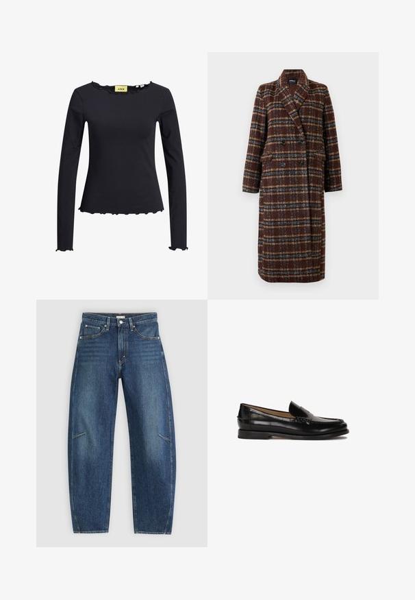 Ilgas dvigubas rudas langeliais paltas su apykakle, juodais mygtukais ir kišenėmis su atvartais, eksponuojamas ant balto fono.; Juodas ilgomis rankovėmis viršus su raukšlėtu kaklu ir apatine dalimi. Pagamintas iš minkštos medžiagos, turi prigludusią formą ir minimalų prekės ženklo ženklinimą viduje.; Tamsiai mėlynos džinsinės kelnės su tiesiomis kojomis, turinčios priekinės kišenes, kontrastingą siuvimą ir subtilų pabandymą ant kojų.; Juodas odinis loafers stiliaus batelis su apvaliu nosimi, lengvai užsidedantis dizainas ir subtilūs siuvinėjimo detalės viršuje. Lygus guminis padas.