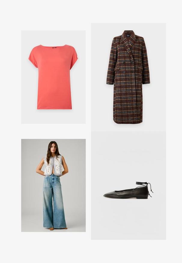 Hosszú, dupla soros barna kockás kabát, kapucnis gallérral, fekete gombokkal és hajtókás zsebekkel, fehér háttér előtt bemutatva.; Korall színű rövid ujjú póló, laza szabással, kerek nyakkivágással és sima textúrával. Nincsenek látható minták vagy díszítőelemek.; Egy nő ujjatlan, fehér virágmintás mellényben van, amelyet magas derekú, bő szárú, elhalványult kék farmerrel és barna cipővel párosítva visel, a kezeit a háta mögé téve áll.; Fekete bőr balettcipők hegyes orral, bokakötővel és lapos talppal, sima textúrával és minimalista dizájnnal.