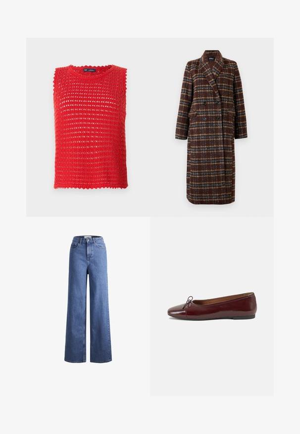 Dlouhý hnědý kostkovaný kabát na dvouřadé zapínání s klopovým límcem, černými knoflíky a kapsami s klopou, vystavený na bílém pozadí.; Červený bezrukávový pletený top s otevřeným vzorem, vlnitými okraji a kulatým výstřihem. Lehce materiál, ideální pro teplé počasí.; Svetle modré denimové široké kalhoty s vysokým pasem, dvěma předními kapsami a viditelným švem. Obsahují knoflíkový a zipový uzávěr.; Burgundské lakové baleríny s kulatou špičkou, malou mašlí vpředu a nízkou černou gumovou podrážkou. Hladký povrch.