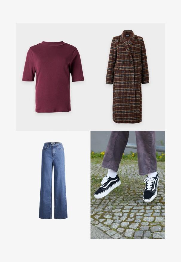 Długi brązowy płaszcz w kratę z podwójnym zapięciem, z klapami, czarnymi guzikami i kieszeniami z klapami, wyeksponowany na białym tle.; Czarny T-shirt z krótkim rękawem w kolorze bordowym z kołnierzem typu mock neck, wystawiony na jednolitym białym tle.; Jasnoniebieskie dżinsy o szerokich nogawkach i wysokim stanie, z dwoma przednimi kieszeniami i widocznym przeszyciem. Posiadają zamek błyskawiczny i zapięcie na guzik.; Czarne zamszowe trampki z białymi akcentami, z zaokrąglonym noskiem, grubą białą podeszwą i klasycznym sznurowaniem, noszone z białymi skarpetami i fioletowymi spodniami.