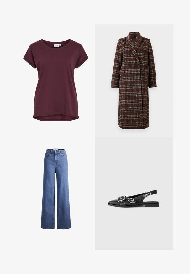 Casaco xadrez castanho de dupla face, com colarinho de lapela, botões pretos e bolsos de aba, exibido sobre um fundo branco.; T-shirt bordeaux de manga curta com decote redondo, costas ligeiramente mais longas e punhos enrolados, feita de tecido suave.; Jeans de ganga azul claro, de perna larga e cintura alta, com dois bolsos frontais e costuras visíveis. Apresenta um fecho de botão e zíper.; Sapato slingback preto em couro com bico pontiagudo, duas fivelas prateadas e um salto baixo em bloco. Apresenta um cabedal texturizado e parte de trás aberta.