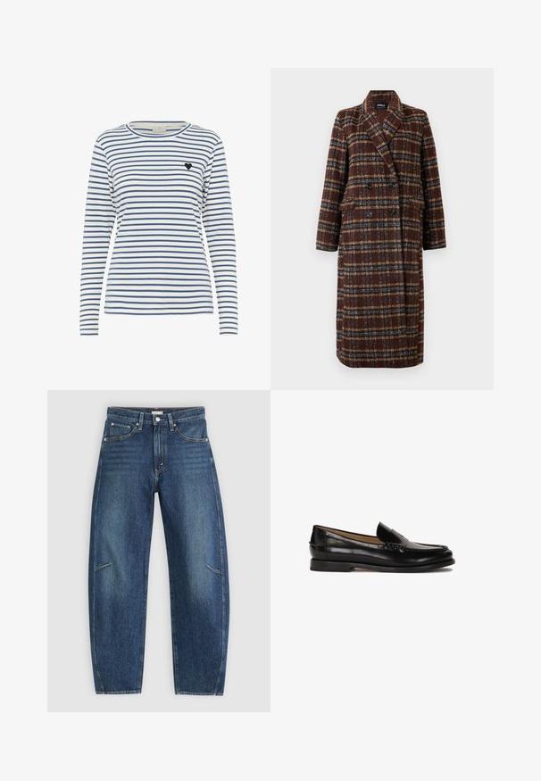 Dolg plašč z dvojnim zapenjanjem v rjavem karirastem vzorcu z rever ovratnikom, črnimi gumbi in žepi s poklopcem, prikazan na belem ozadju.; Bela in mornarsko modra črtasta srajca z dolgimi rokavi, z okroglim izrezom in majhnim črnim srcem na levem prsnem delu. Mehka tkanina.; Temno modri traper hlače s ravno obliko, ki vključujejo sprednje žepe, kontrastne šive in subtilno zbledelo teksturo na nogah.; Črne usnjene loafers cipele z zaobljenim nosom, enostavno obuvanje in subtilne šive ob zgornjem delu. Ravna gumijasta podplata.
