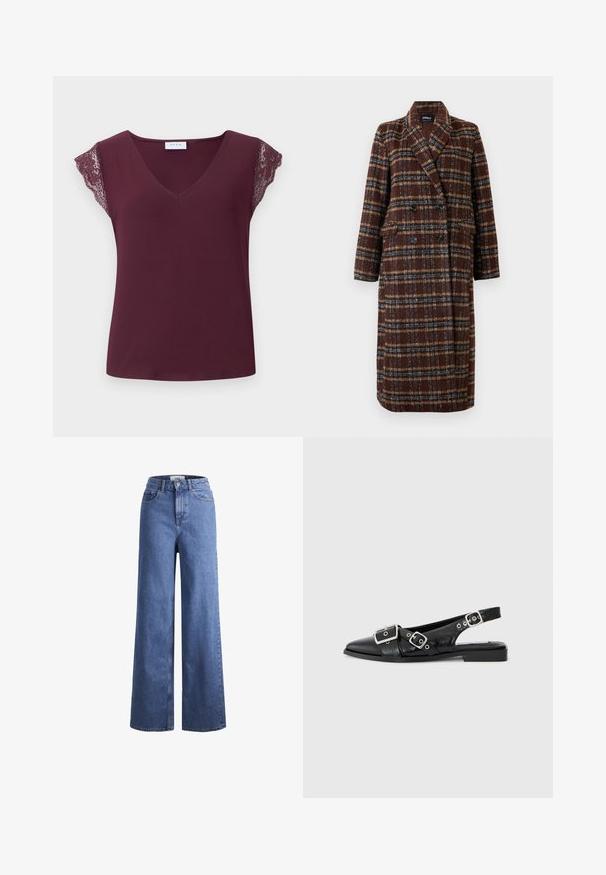 Ilgas dvigubas rudas langeliais paltas su apykakle, juodais mygtukais ir kišenėmis su atvartais, eksponuojamas ant balto fono.; Burgundi V formos palaidinė su trumpomis, nėriniais apipintu rankovėmis. Lygus, lengvas audinys su laisvu kirpimu ir be matomų detalių.; Šviesiai mėlynos džinsinės kelnės plačiu sijonu ir aukštu liemeniu, su dviem priekinių kišenių ir matomu siuvimu. Su mygtuko ir užtrauktuko uždarymu.; Juodas odinis slingback tipo batelis su smailiu nosiu, dviem sidabrinėmis sagtimis ir žemu blokiniu kulnu. Viršus su tekstūra ir atvira nugara.