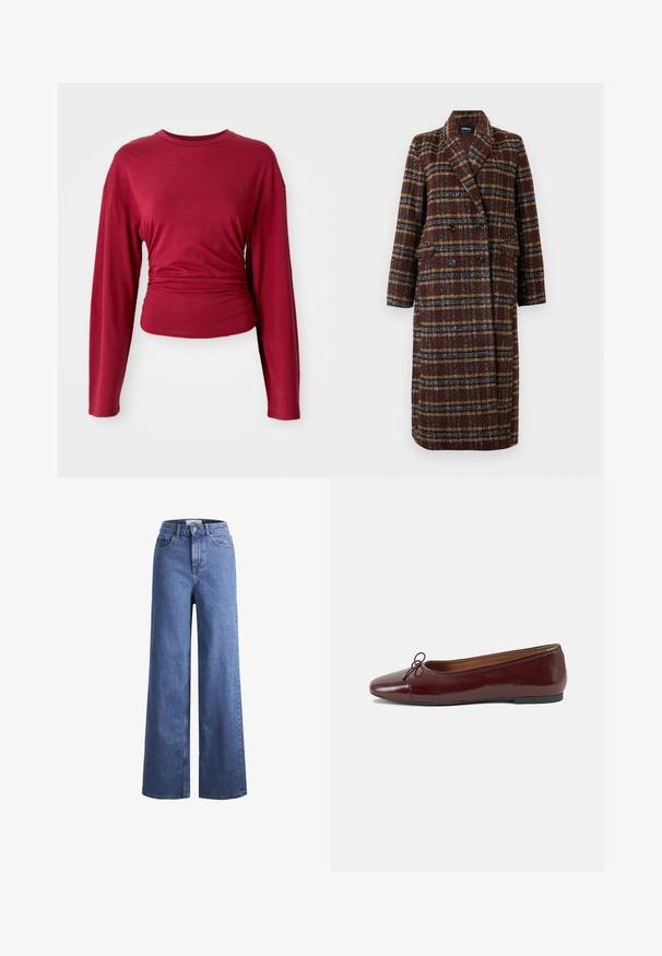 Długi brązowy płaszcz w kratę z podwójnym zapięciem, z klapami, czarnymi guzikami i kieszeniami z klapami, wyeksponowany na białym tle.; Burgundowa bluzka z długim rękawem, z okrągłym dekoltem, dopasowana w talii, wykonana z gładkiego materiału z delikatnym drapowaniem po bokach.; Jasnoniebieskie dżinsy o szerokich nogawkach i wysokim stanie, z dwoma przednimi kieszeniami i widocznym przeszyciem. Posiadają zamek błyskawiczny i zapięcie na guzik.; Bordowe baleriny z lakierowanej skóry z zaokrąglonym noskiem, małą kokardką z przodu oraz niską, czarną gumową podeszwą. Gładka tekstura.