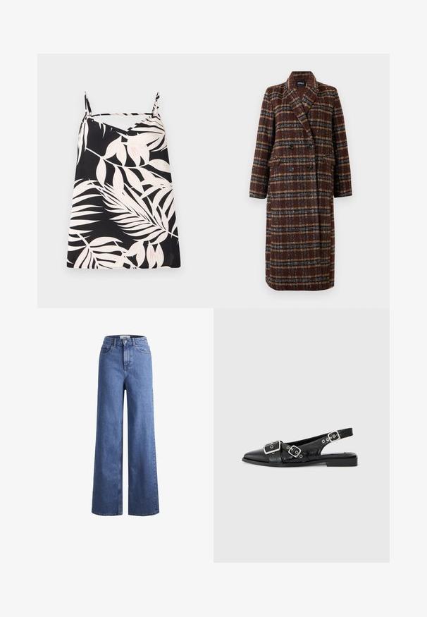 Cappotto lungo doppiopetto a quadri marrone con colletto a bavero, bottoni neri e tasche a soffietto, esposto su uno sfondo bianco.; Top senza maniche nero caratterizzato da una stampa di foglie di palma bianche, design a scollatura a V e spalline sottili. Il tessuto ha una consistenza liscia.; Jeans ampia in denim azzurro chiaro con vita alta, due tasche anteriori e cuciture in vista. Presentano una chiusura con bottone e zip.; Scarpa slingback in pelle nera con punta appuntita, due fibbie argentate e tacco basso a blocco. Presenta una tomaia testurizzata e un retro aperto.