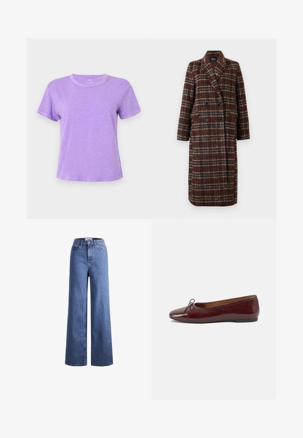 Long double-breasted brown plaid coat with lapel collar, black buttons, and flap pockets, displayed against a white background.; Short-sleeve t-shirt in light lavender, made of soft fabric; features a crew neckline and a relaxed fit with subtle texture.; Light blue denim wide-leg jeans with a high waist, two front pockets, and visible stitching. Features a button and zipper closure.; Burgundy patent leather ballet flat with a rounded toe, small bow accent at the front, and a low, black rubber sole. Smooth texture.