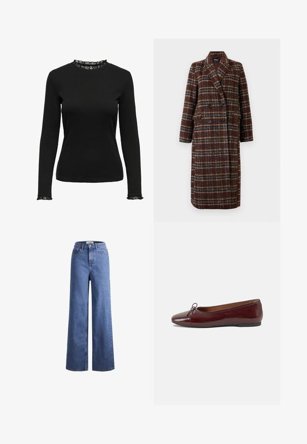 Dlouhý hnědý kostkovaný kabát na dvouřadé zapínání s klopovým límcem, černými knoflíky a kapsami s klopou, vystavený na bílém pozadí.; Černý top s dlouhými rukávy vyrobený z žebrované tkaniny, s volánkovým krajkovým detailem na výstřihu a manžetách. Jednoduchý kulatý výstřih.; Svetle modré denimové široké kalhoty s vysokým pasem, dvěma předními kapsami a viditelným švem. Obsahují knoflíkový a zipový uzávěr.; Burgundské lakové baleríny s kulatou špičkou, malou mašlí vpředu a nízkou černou gumovou podrážkou. Hladký povrch.