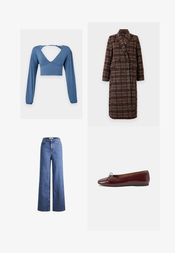 Duga dvoslojna smeđa kaput s kariranim uzorkom, s reverima, crnim gumbima i džepovima s preklopom, prikazana na bijeloj pozadini.; Plava dugmasta kratka majica sa dubokim V-izrezom, naboranim detaljima na grudima i malo napuhanim rukavima. Glatka, rastezljiva tkanina.; Svijetloplavi traper široki traperice s visokim strukom, dva prednja džepa i vidljivim šavovima. Imaju kopčanje na gumb i patentni zatvarač.; Burgundska lakirana balerinka s zaobljenim vrhom, malim mašnom sprijeda i niskom, crnom gumenom potplatu. Glatka tekstura.