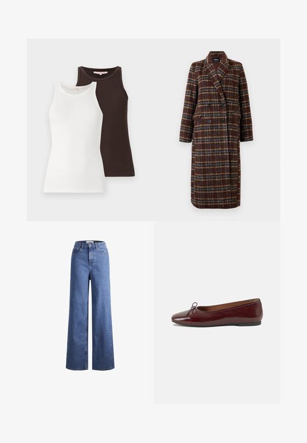 Długi brązowy płaszcz w kratę z podwójnym zapięciem, z klapami, czarnymi guzikami i kieszeniami z klapami, wyeksponowany na białym tle.; Dwa prążkowane topy na ramiączkach, jeden biały i jeden ciemno brązowy, o bezrękawowych fasonach i zaokrąglonych dekoltach, ułożone obok siebie.; Jasnoniebieskie dżinsy o szerokich nogawkach i wysokim stanie, z dwoma przednimi kieszeniami i widocznym przeszyciem. Posiadają zamek błyskawiczny i zapięcie na guzik.; Bordowe baleriny z lakierowanej skóry z zaokrąglonym noskiem, małą kokardką z przodu oraz niską, czarną gumową podeszwą. Gładka tekstura.