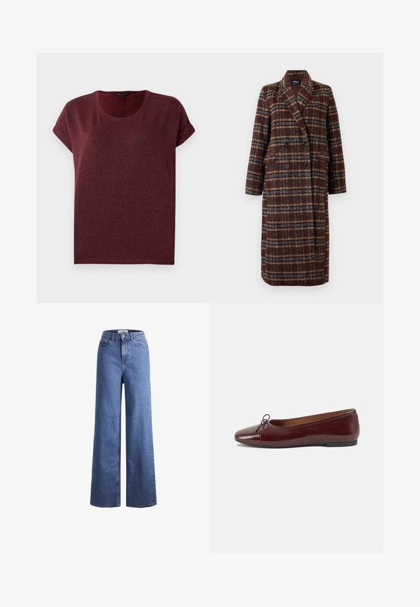 Duga dvoslojna smeđa kaput s kariranim uzorkom, s reverima, crnim gumbima i džepovima s preklopom, prikazana na bijeloj pozadini.; Burgundska kratka majica s kratkim rukavima izrađena od teksturirane, sjajne tkanine s okruglim izrezom i prevrnutim manžetama. Opusten kroj.; Svijetloplavi traper široki traperice s visokim strukom, dva prednja džepa i vidljivim šavovima. Imaju kopčanje na gumb i patentni zatvarač.; Burgundska lakirana balerinka s zaobljenim vrhom, malim mašnom sprijeda i niskom, crnom gumenom potplatu. Glatka tekstura.