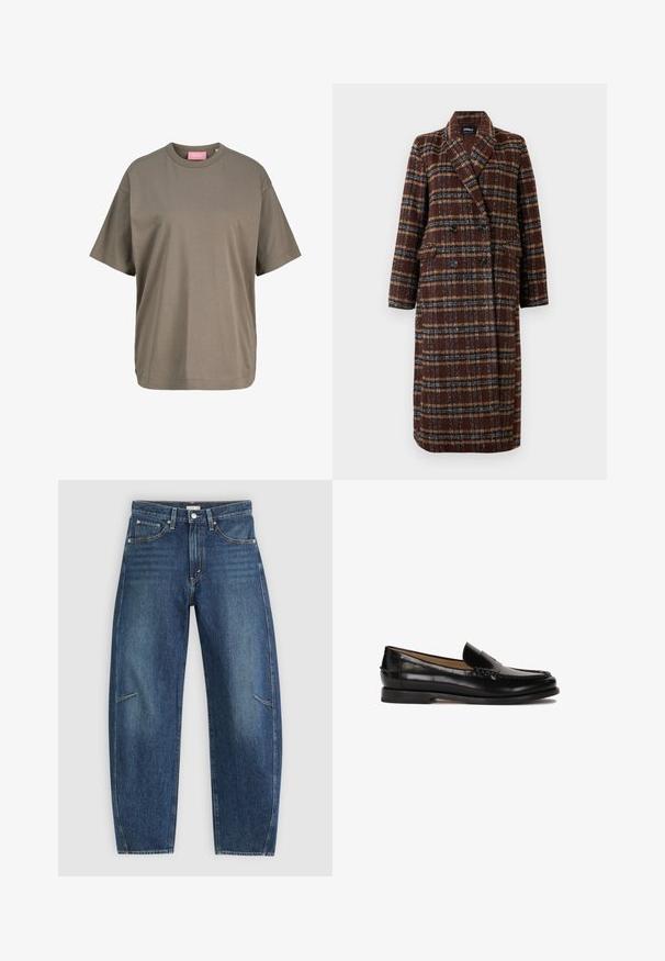 Lang, dobbeltradet brun plaidfrakke med reverskrave, sorte knapper og klaplommer, præsenteret mod en hvid baggrund.; Olivengrøn T-shirt med korte ærmer lavet af blødt bomuld. Har en rund halsudskæring og en lige pasform med minimale syninger.; Mørkeblå denim jeans med lige ben-design, der har forkæbbes lommer, kontrastsyninger og en subtil falmet tekstur på benene.; Sorte læder loafers med en rund tå, slidserdesign og subtile syninger langs overdelen. Flad gummisål.