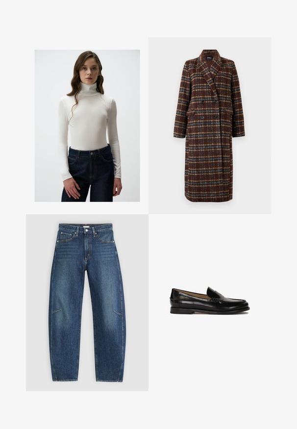 Langer brauner Karo-Doppelreiher-Mantel mit Reverskragen, schwarzen Knöpfen und Klappentaschen, vor einem weißen Hintergrund präsentiert.; Weißes, geripptes Turtleneck-Oberteil mit langen Ärmeln, kombiniert mit hochgeschnittenen, dunkelblauen Jeans aus Denim mit Knopfverschluss und orangefarbenen Nähten.; Dunkelblaue Jeans aus Denim mit geradem Bein, ausgestattet mit Vorderaschen, Kontrastnähten und einer dezenten, ausgewaschenen Textur an den Beinen.; Schwarzer Lederloafer mit runder Zehenpartie, schlupfendem Design und dezenten Nahtdetails entlang des Oberteils. Flache Gummisohle.