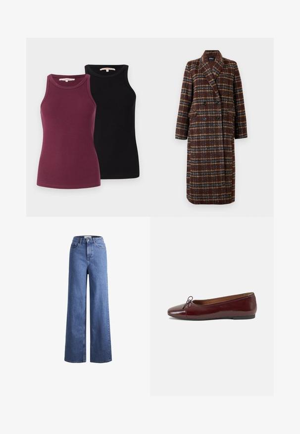 Cappotto lungo doppiopetto a quadri marrone con colletto a bavero, bottoni neri e tasche a soffietto, esposto su uno sfondo bianco.; Due magliette a canotta rigate in bordeaux e nero. Presentano scolli rotondi e sono progettate per una silhouette aderente. Texture liscia.; Jeans ampia in denim azzurro chiaro con vita alta, due tasche anteriori e cuciture in vista. Presentano una chiusura con bottone e zip.; Ballerine in pelle verniciata bordeaux con punta arrotondata, piccolo fiocco decorativo sulla parte anteriore e suola bassa in gomma nera. Texture liscia.