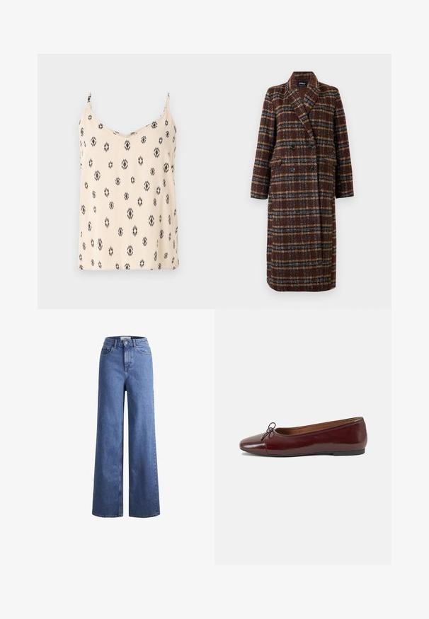 Long double-breasted brown plaid coat with lapel collar, black buttons, and flap pockets, displayed against a white background.; Cream tank top with black geometric patterns, soft fabric, adjustable spaghetti straps, and a V-neckline.; Light blue denim wide-leg jeans with a high waist, two front pockets, and visible stitching. Features a button and zipper closure.; Burgundy patent leather ballet flat with a rounded toe, small bow accent at the front, and a low, black rubber sole. Smooth texture.