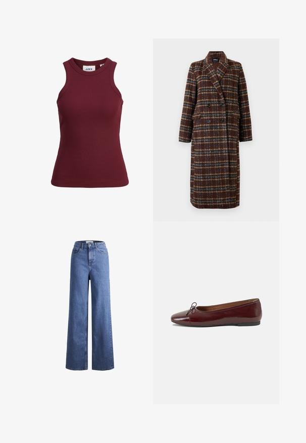 Hosszú, dupla soros barna kockás kabát, kapucnis gallérral, fekete gombokkal és hajtókás zsebekkel, fehér háttér előtt bemutatva.; Burgundy ujjatlan bordázott trikó kerek nyakkivágással és testhez álló fazonnal. Tartós anyaga van, és a gallér belső részén megtalálható a márkás címke.; Világoskék, széles szárú farmernadrág magas derékkal, két elülső zsebbel és látható varrással. Gombos és cipzáros záródás.; Burgundi lakkbőr balettcipő kerek orral, elöl kis masni díszítéssel és alacsony, fekete gumi talppal. Simára csiszolt felület.