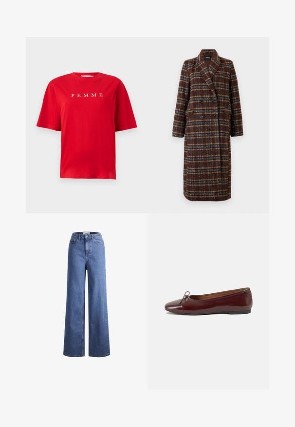 Palton lung, dublu-botonat, din material cu carouri maro, cu guler tip rever, nasturi negri și buzunare cu clapă, expus pe un fundal alb.; Tricou din bumbac roșu cu mâneci scurte, având cuvântul "FEMME" imprimat în alb pe piept. Design simplu, de tip relaxat.; Jeans din denim de culoare albastră deschisă, cu croială largă și talie înaltă, prevăzuți cu două buzunare frontale și cusături vizibile. Au închidere cu nasture și fermoar.; Balerini din piele patent burgund cu vârful rotund, accent de fundiță mică în față și talpă joasă din cauciuc negru. Textură netedă.