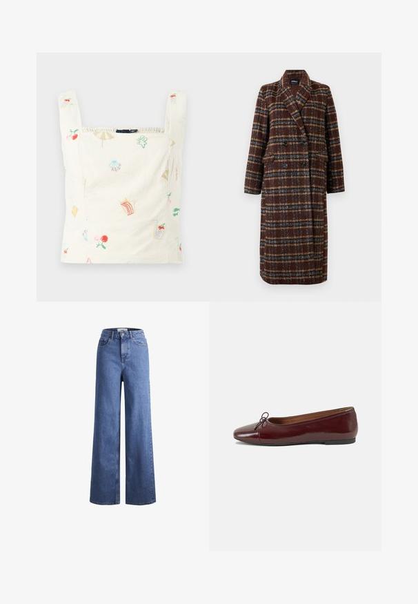 Gara divrindas brūna raibā mētelis ar atloku apkakli, melniem pogām un kabatām ar vāciņu, izstādīta pret baltu fona.; Izšūta kokvilnas topa pamatne ar krēmkrāsas fonu, uz kura ir krāsaini motīvi, piemēram, augļi, dzērieni un pludmales priekšmeti; kvadrātveida kakla izgriezums un elastīga apstrāde.; Gai zili džinsi ar platu kāju un augstu jostu, divas priekšējās kabatas un redzamu šuvju. Iekļauj pogas un rāvējslēdzēja aizdari.; Burgundijas laku ādas baleta kurpes ar noapaļotu purngalu, nelielu loku akcentu priekšā un zemu melnu gumijas zoli. Gluda tekstūra.