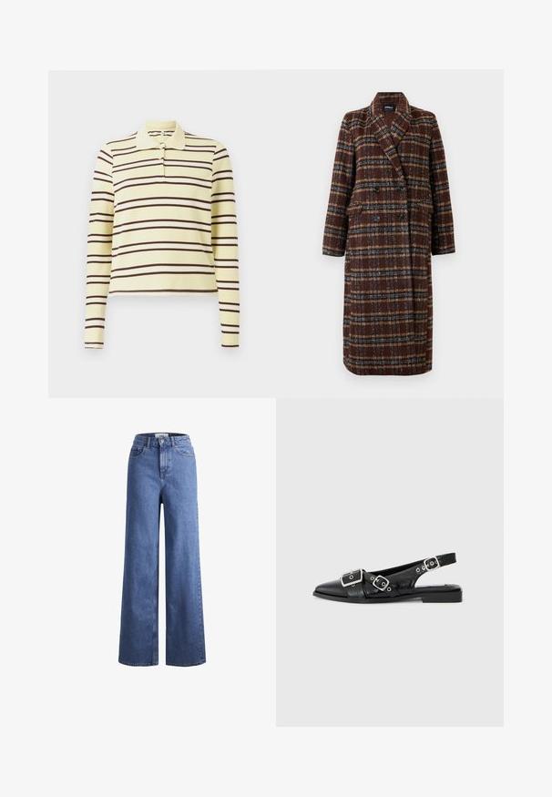 Dlouhý hnědý kostkovaný kabát na dvouřadé zapínání s klopovým límcem, černými knoflíky a kapsami s klopou, vystavený na bílém pozadí.; Dlouhý rukáv polokošile v žluté barvě s horizontálními hnědými a bílými pruhy, vyznačující se klasickým límečkem a zapínáním na tři knoflíky.; Svetle modré denimové široké kalhoty s vysokým pasem, dvěma předními kapsami a viditelným švem. Obsahují knoflíkový a zipový uzávěr.; Černé kožené slingback boty s špičatou špičkou, dvěma stříbrnými sponami a nízkým blokovým podpatkem. Vyznačují se texturovaným svrškem a otevřenou zadní částí.