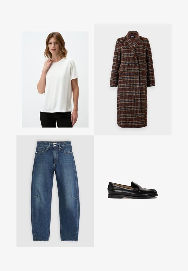 Długi brązowy płaszcz w kratę z podwójnym zapięciem, z klapami, czarnymi guzikami i kieszeniami z klapami, wyeksponowany na białym tle.; Biała koszulka z krótkim rękawem, wykonana z gładkiego materiału, z okrągłym dekoltem. Prosty design, z luźnym krojem i bez widocznych wzorów.; Ciemnoniebieskie dżinsy o prostym kroju, z przednimi kieszeniami, kontrastowym szwem i delikatnie wyblakłą strukturą na nogawkach.; Czarne skórzane mokasyny z okrągłym noskiem, łatwe do zakładania, z subtelnymi przeszyciami wzdłuż cholewki. Płaska gumowa podeszwa.
