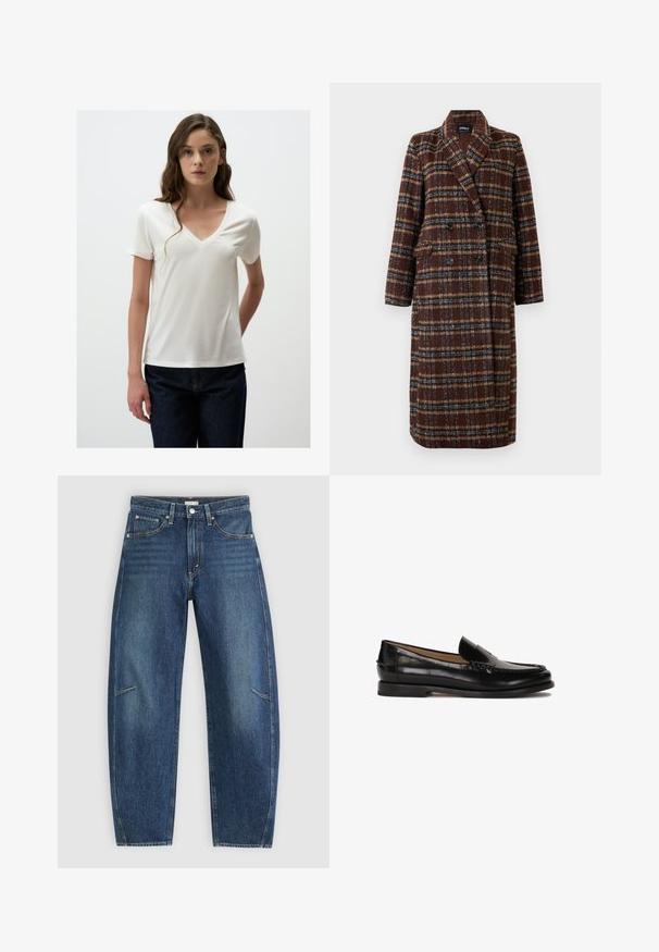 Długi brązowy płaszcz w kratę z podwójnym zapięciem, z klapami, czarnymi guzikami i kieszeniami z klapami, wyeksponowany na białym tle.; Biała koszulka z krótkim rękawem i dekoltem w serek, wykonana z gładkiego materiału. Ma luźny krój i jest zestawiona z ciemnoniebieskimi dżinsami.; Ciemnoniebieskie dżinsy o prostym kroju, z przednimi kieszeniami, kontrastowym szwem i delikatnie wyblakłą strukturą na nogawkach.; Czarne skórzane mokasyny z okrągłym noskiem, łatwe do zakładania, z subtelnymi przeszyciami wzdłuż cholewki. Płaska gumowa podeszwa.