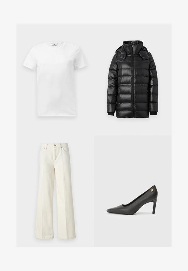 Svart, glänsande, vadderad vinterjacka med hög krage, frontdragkedja, avtagbar huva med tryckknappar och fickor på sidan med dragkedja.; Vit bomull t-shirt med rund hals. Har en subtil prägling av grafisk design på framsidan. Korta ärmar och rak nederkant.; Vida vida vita vita vida vita vida vita vita vida vita vitala vita.; Svart lackläder pumps med hög klack och spetsig tå, med en liten guldfärgad logotypaccent vid klacken. Slät textur, elegant design.
