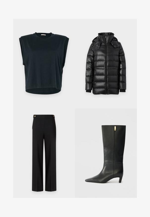 Schwarze, glänzende, gepolsterte Winterjacke mit hohem Kragen, Frontreißverschluss, abnehmbarer Kapuze mit Druckknöpfen und seitlichen Reißverschlusstaschen.; Schwarzes Kurzarmoberteil mit lässiger Passform, rundem Ausschnitt, leicht abgesenkten Schulternähten und abgerundetem Saum. Hergestellt aus weichem Stoff.; Schwarze weite Hosen mit glatter Textur, flachem Bund und goldenen Knopfdetails an der Taille. Taillierte Passform mit einem klaren Design.; Schwarze Lederstiefelette bis zum Knie mit spitzem Zeh und kleinem Absatz. Hat ein elegantes Design mit goldenen Akzenten. Glatte Textur.