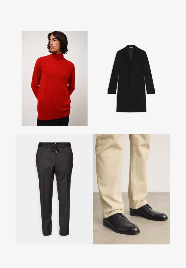 Musta räätälöity takki, jossa on lovettu kaulus, kolme etupainiketta ja sivutaskut. Takissa on napitettu hihansuu ja sileä pinta.; Punainen, korkeakauluksinen neulepaita, joka on valmistettu pehmeästä materiaalista. Siinä on pitkät hihat, rento istuvuus ja ribbitetty pinta hihoissa ja helmassa.; Musta muotitettu housut, joissa on narulla säädettävä vyötärö, laskostettu etuosa ja käänteet. Valmistettu sileästä kankaasta, jossa on jämäkkä istuvuus.; Musta nahkakengät nauhalla, pyöreällä kärjellä, sileällä pinnalla ja hienovaraisilla ompelutiedoilla, käytettynä vaaleanbeigejen housujen kanssa.