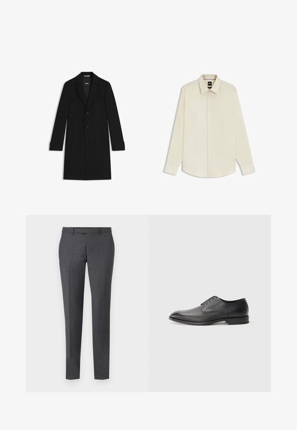 Abrigo negro de corte entallado con solapas, tres botones frontales y bolsillos laterales. Presenta puños abotonados y una textura suave.; BOSS JOE KENT - Camisa elegante - open white eleven; Pantalones gris ajustados con una textura suave, corte recto, frente plano y passantes para cinturón. Cuenta con un sutil patrón de cuadros y una línea de planchado en el frente.; Zapato de vestir para hombre de cuero negro con cordones, tacón bajo y acabado liso, ligeramente texturizado sobre fondo blanco plano.
