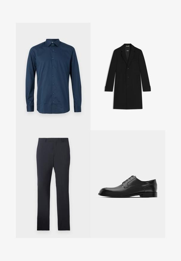 Cappotto nero su misura con colletto a rever, tre bottoni frontali e tasche laterali. Presenta chiusure con bottoni sui polsini e una texture liscia.; Camicia blu navy a maniche lunghe con bottoni, realizzata in tessuto morbido. Presenta un colletto standard, una patta frontale con bottoni coordinati e maniche con polsini.; Pantaloni formali blu in tessuto liscio. Presentano una vita piatta, passanti per cintura e tasche laterali, con una vestibilità dritta su misura.; Scarpa da dress in pelle nera con punta arrotondata, superficie liscia, cuciture minime e suola piatta con un marchio discreto sul tallone.