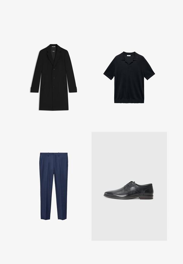 Svart skräddarsydd kappa med spetsig krage, tre framknappar och sidofickor. Har knappade ärmslut och en mjuk textur.; Svart kortärmad polo skjorta med V-krage, platt krage och ribbad textur. Materialet verkar lätt och smidigt.; Marinblå byxor tillverkade av textilerad tyg, med rak front, två sidofickor och rak ben-design.; Svart läderklacksko med spetsig tå, låg klack och snörning med fem öglor. Har en slät yta och minimala sömsdetaljer.