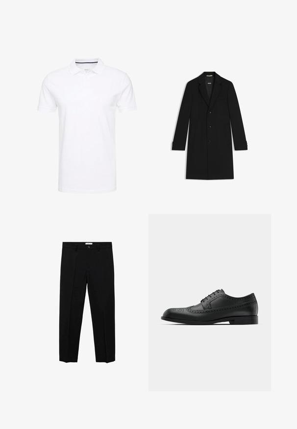 Zwarte op maat gemaakte jas met een notch-kraag, drie voorknopen en zijzakken. Bevat knoopmanchetten en een gladde textuur.; Witte polo shirt van katoen, met een traditionele kraag, korte mouwen en een drie-knopenlijst met subtiele marineblauwe accenten aan de binnenkant.; Zwarte op maat gemaakte broek met een rechte pasvorm, voorzien van een enkele knoopsluiting, ceintuurlussen en voorzijden plooien. Gemaakt van een gladde stof.; Zwarte leren dress shoe met brogue-details, gladde afwerking, ronde neus en lage gestapelde hak. Klassiek vetersluit ontwerp voor een veilige pasvorm.