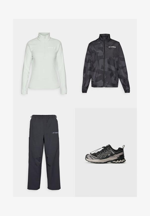 Svart lättviktsjacka med hög krage, dragkedjestängning och geometriskt mönster. Har "TERREX"-logotypen i vitt på övre vänstra sidan.; adidas Terrex Fleecetröja - linen green; Svarta, lätta utomhusbyxor med ett elastiskt midjeband, fickor på sidorna och en logotyp på övre högra benet. Slät, vattentålig tyg.; Svart och grå sportskor med övre i mesh, gummisula och elastiskt snörsystem. Har en förstärkt tå och texturerade detaljer.