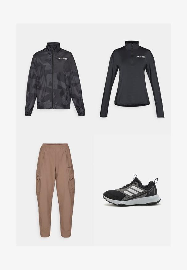 Černá lehká bunda s vysokým límcem, zipovým uzávěrem a geometrickým vzorem. Na horní levé straně se nachází bílé logo "TERREX".; Černý top s dlouhým rukávem a čtvrtkruhovým zipem s vysokým límcem, vyrobený z hladké, lehké tkaniny. Na přední straně je bílé logo "TERREX".; Hnědé cargo kalhoty s elastickým pasem, dvěma bočními kapsami a texturovanou látkou. Na přední straně se nachází výšivka loga.; Černá sportovní bota s šedými akcenty, s texturovaným síťovaným svrchním materiálem, třemi bílými pruhy a gumovou podešví pro lepší trakci.