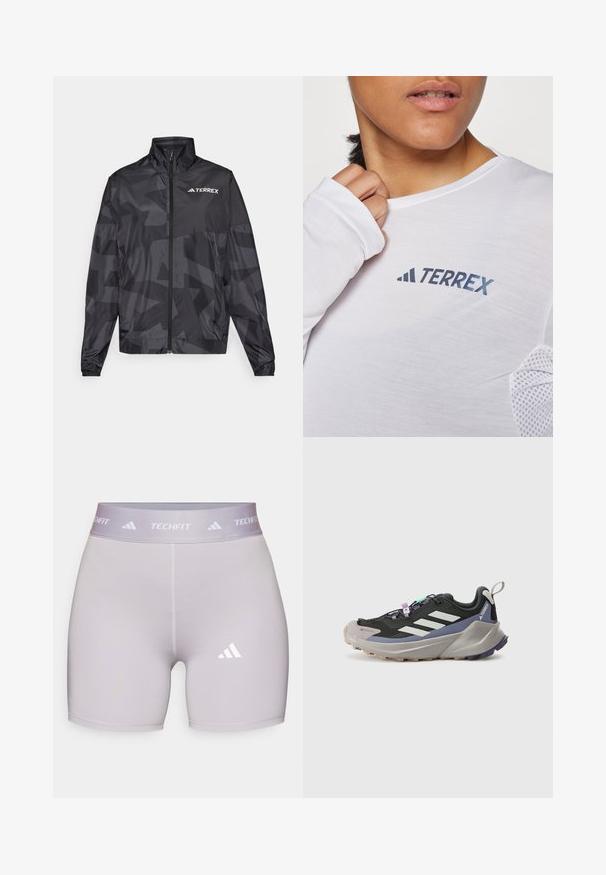 Zwarte lichtgewicht jas met een hoge kraag, ritssluiting en geometrisch patroon. Kenmerkt zich door het "TERREX"-logo in het wit op de bovenste linkerkant.; Witte blouse met lange mouwen met een blauwe "TERREX" logo. De stof is lichtgewicht met textuur-mesh accenten op de schouders.; adidas Performance TECHFIT SHORT - Tights - glory grey; Zwarte sportieve schoen met een Gore-Tex bovenwerk, witte strepen, paarse accenten, dikke grijze tussenzool en een gestructureerde grijze buitenzool voor grip.